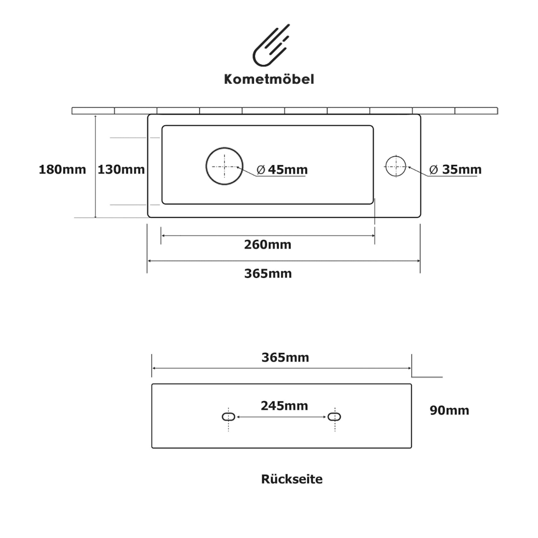 Kometmöbel Lavabo de Cerámica de Pared o Sobremueble 36.5x18x9cm Orificio del Grifo Derecho