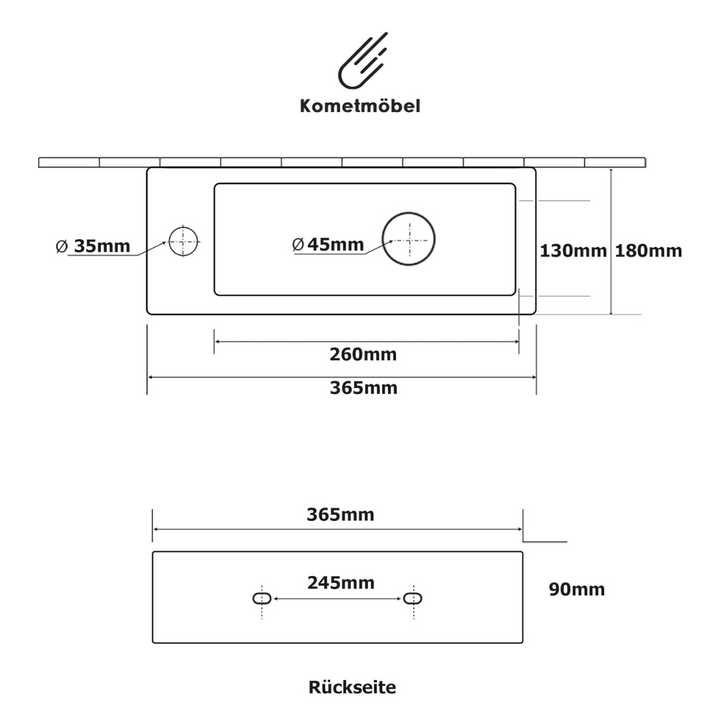 Kometmöbel Hänge- oder Aufsatz Keramik Waschbecken 36.5x18x9cm Hahnloch Links