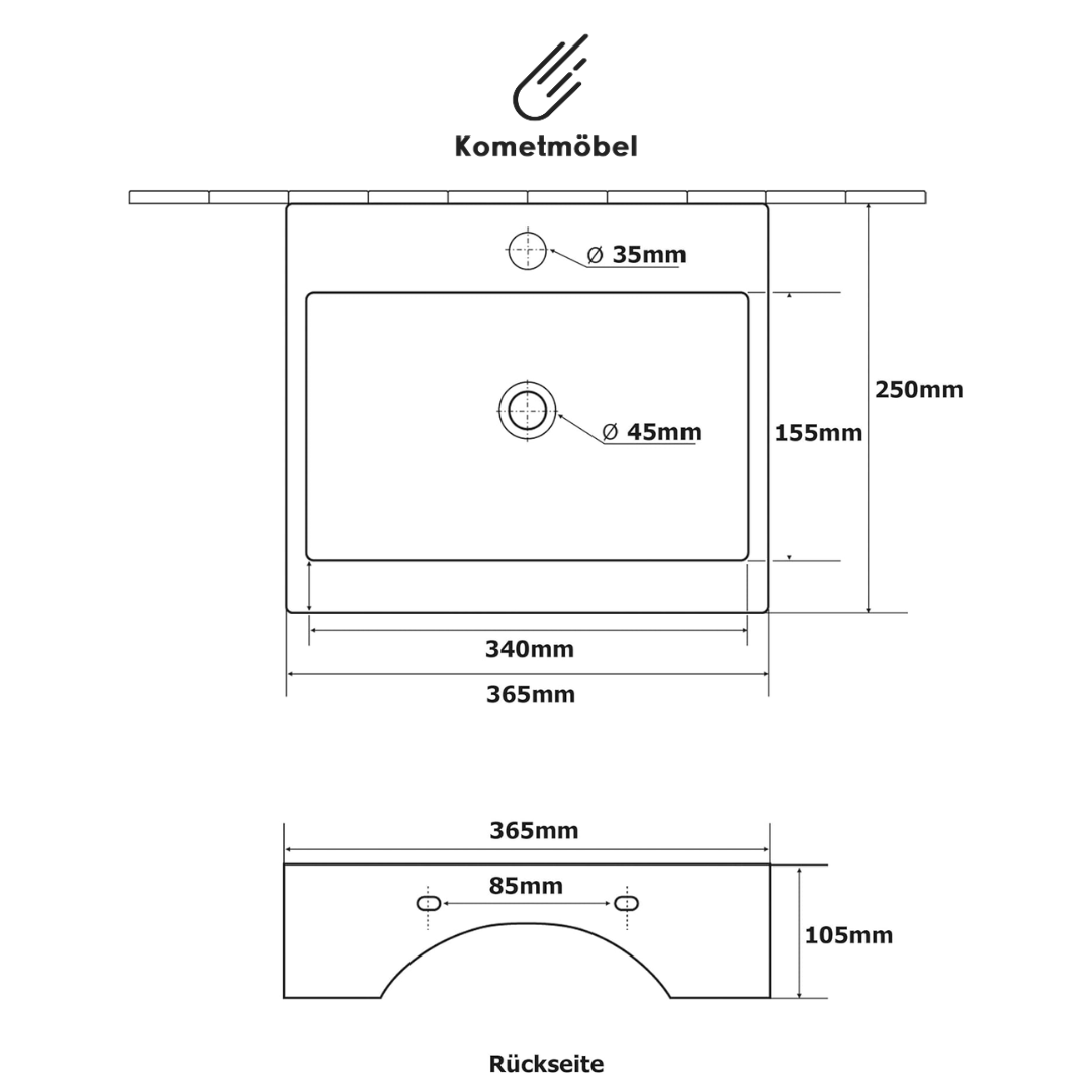 Kometmöbel Lavabo de Cerámica de Pared o Sobremueble 36.5cm x 25.5cm x 10.5cm Blanco