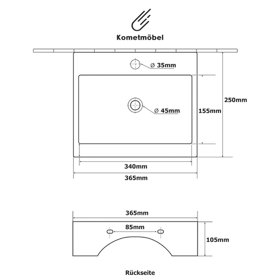 Kometmöbel Lavabo de Cerámica de Pared o Sobremueble 36.5cm x 25.5cm x 10.5cm Blanco