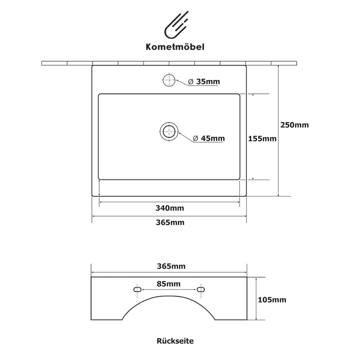 Kometmöbel Hänge- oder Aufsatz Keramik Waschbecken 36.5cm x 25.5cm x 10.5cm Weiß