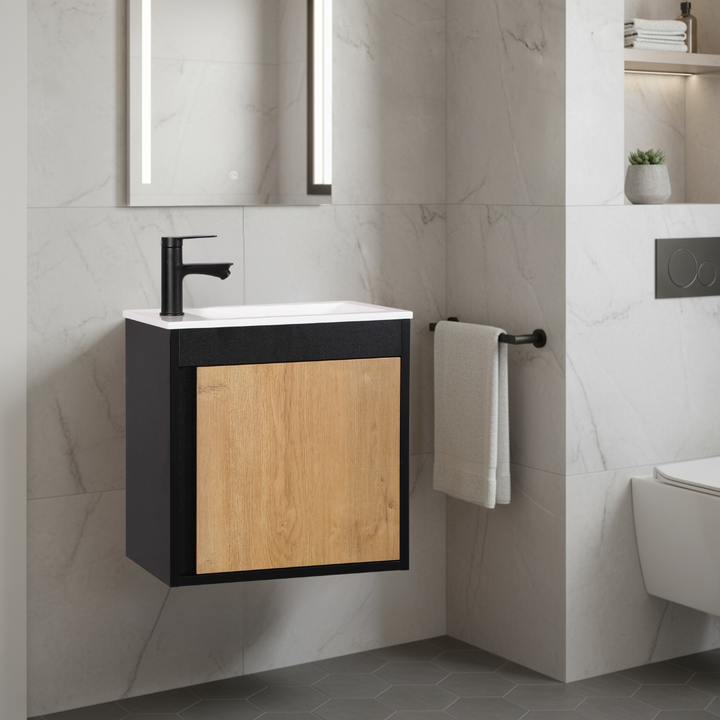 NERO Gäste-WC Waschtisch Set 50cm Schwarz/Eiche