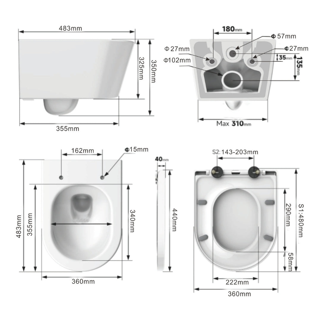 Toilettes suspendues avec chasse d'eau Tornado 360°, sans bride