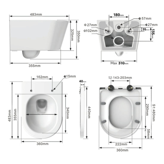 Toilettes suspendues avec chasse d'eau Tornado 360°, sans bride