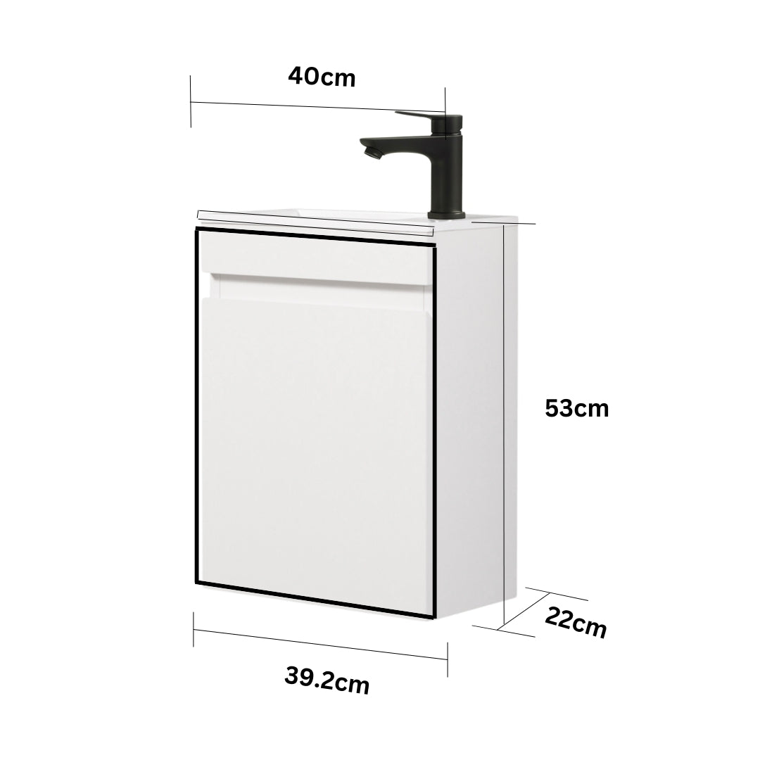 MINO Gäste-WC Waschtisch Set 40cm Hochglanz Weiß mit integrierter Griffleiste