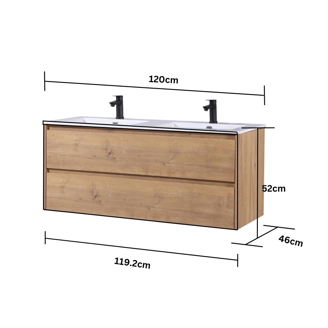 Urbo Waschtischunterschrank 120cm Eiche mit Softclose & integrierten Griffleisten